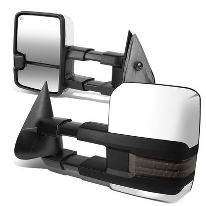 RETROVISORES EXTENDIBLES TOWING MIRROR - 99-06 CHEVY SILVERADO, GMC SIERRA / 00-06 CHEVY SUBURBAN, CHEVY TAHOE, GMC YUKON / 02-06 CHEVY AVALANCHE, CADILLAC ESCALADE - PAIR - POWERED W/ HEATED - LED SMOKE SIGNAL - CHROME