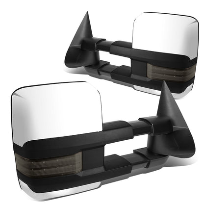 RETROVISORES EXTENDIBLES TOWING MIRROR - 99-06 CHEVY SILVERADO, GMC SIERRA / 00-06 CHEVY SUBURBAN, CHEVY TAHOE, GMC YUKON / 02-06 CHEVY AVALANCHE, CADILLAC ESCALADE - PAIR - POWERED W/ HEATED - LED SMOKE SIGNAL - CHROME