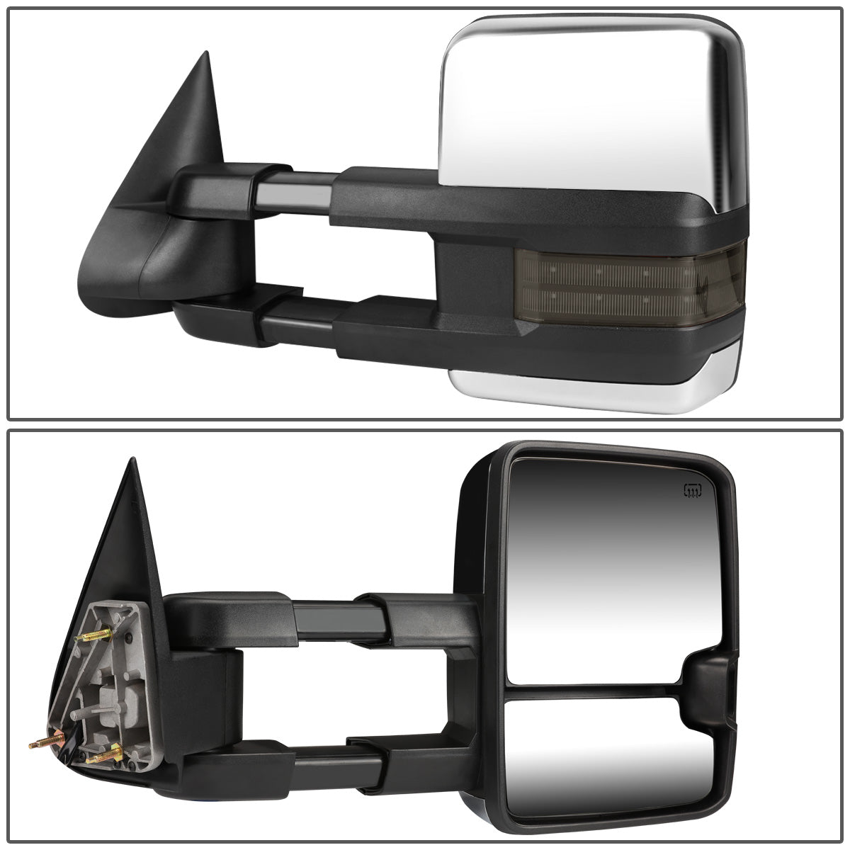 RETROVISORES EXTENDIBLES TOWING MIRROR - 99-06 CHEVY SILVERADO, GMC SIERRA / 00-06 CHEVY SUBURBAN, CHEVY TAHOE, GMC YUKON / 02-06 CHEVY AVALANCHE, CADILLAC ESCALADE - PAIR - POWERED W/ HEATED - LED SMOKE SIGNAL - CHROME