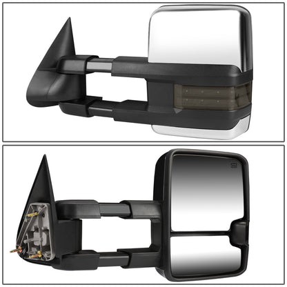 RETROVISORES EXTENDIBLES TOWING MIRROR - 99-06 CHEVY SILVERADO, GMC SIERRA / 00-06 CHEVY SUBURBAN, CHEVY TAHOE, GMC YUKON / 02-06 CHEVY AVALANCHE, CADILLAC ESCALADE - PAIR - POWERED W/ HEATED - LED SMOKE SIGNAL - CHROME