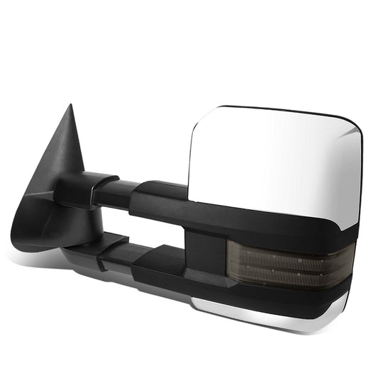 RETROVISORES EXTENDIBLES TOWING MIRROR - 99-06 CHEVY SILVERADO, GMC SIERRA / 00-06 CHEVY SUBURBAN, CHEVY TAHOE, GMC YUKON / 02-06 CHEVY AVALANCHE, CADILLAC ESCALADE - LEFT - POWERED W/ HEATED - LED SMOKE SIGNAL - CHROME