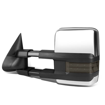 RETROVISORES EXTENDIBLES TOWING MIRROR - 99-06 CHEVY SILVERADO, GMC SIERRA / 00-06 CHEVY SUBURBAN, CHEVY TAHOE, GMC YUKON / 02-06 CHEVY AVALANCHE, CADILLAC ESCALADE - LEFT - POWERED W/ HEATED - LED SMOKE SIGNAL - CHROME