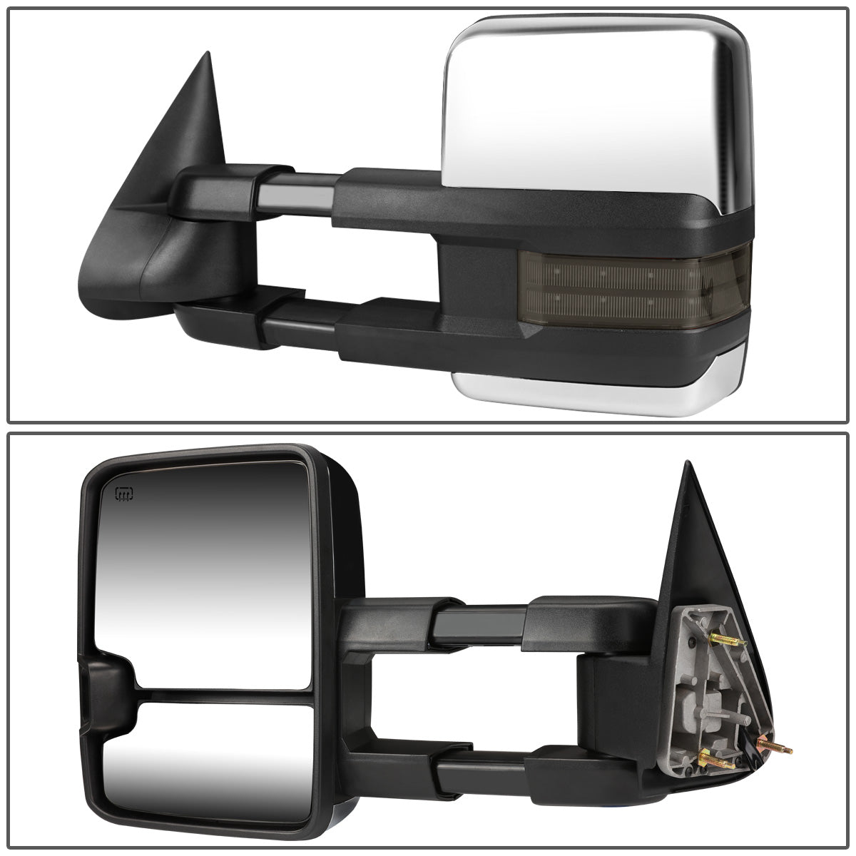 RETROVISORES EXTENDIBLES TOWING MIRROR - 99-06 CHEVY SILVERADO, GMC SIERRA / 00-06 CHEVY SUBURBAN, CHEVY TAHOE, GMC YUKON / 02-06 CHEVY AVALANCHE, CADILLAC ESCALADE - LEFT - POWERED W/ HEATED - LED SMOKE SIGNAL - CHROME
