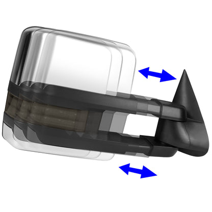 RETROVISORES EXTENDIBLES TOWING MIRROR - 99-06 CHEVY SILVERADO, GMC SIERRA / 00-06 CHEVY SUBURBAN, CHEVY TAHOE, GMC YUKON / 02-06 CHEVY AVALANCHE, CADILLAC ESCALADE - RIGHT - POWERED W/ HEATED - LED SMOKE SIGNAL- CHROME