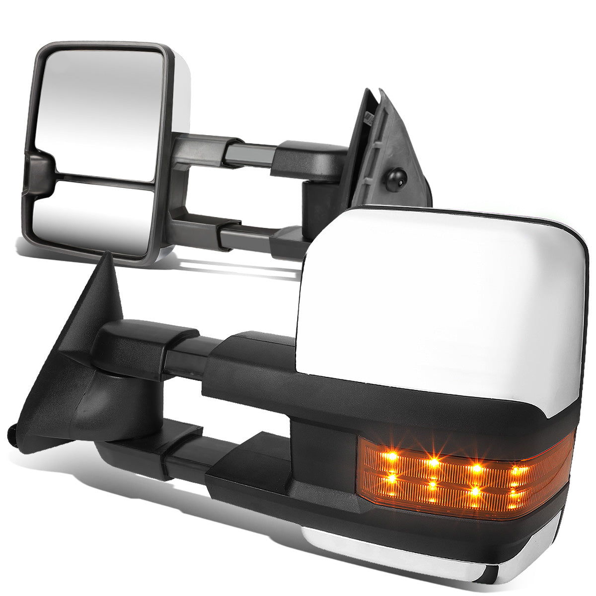 RETROVISORES EXTENDIBLES TOWING MIRROR - 88-98 CHEVY GMC C/K 1500 / 88-00 CHEVY GMC C/K 2500 / 88-02 CHEVY GMC C3500 / 88-00 CHEVY GMC K3500 / 95-99 CHEVY TAHOE / 92-99 GMC YUKON, SUBURBAN - PAIR - POWERED W/O HEATED - LED AMBER SIGNAL - CHROME