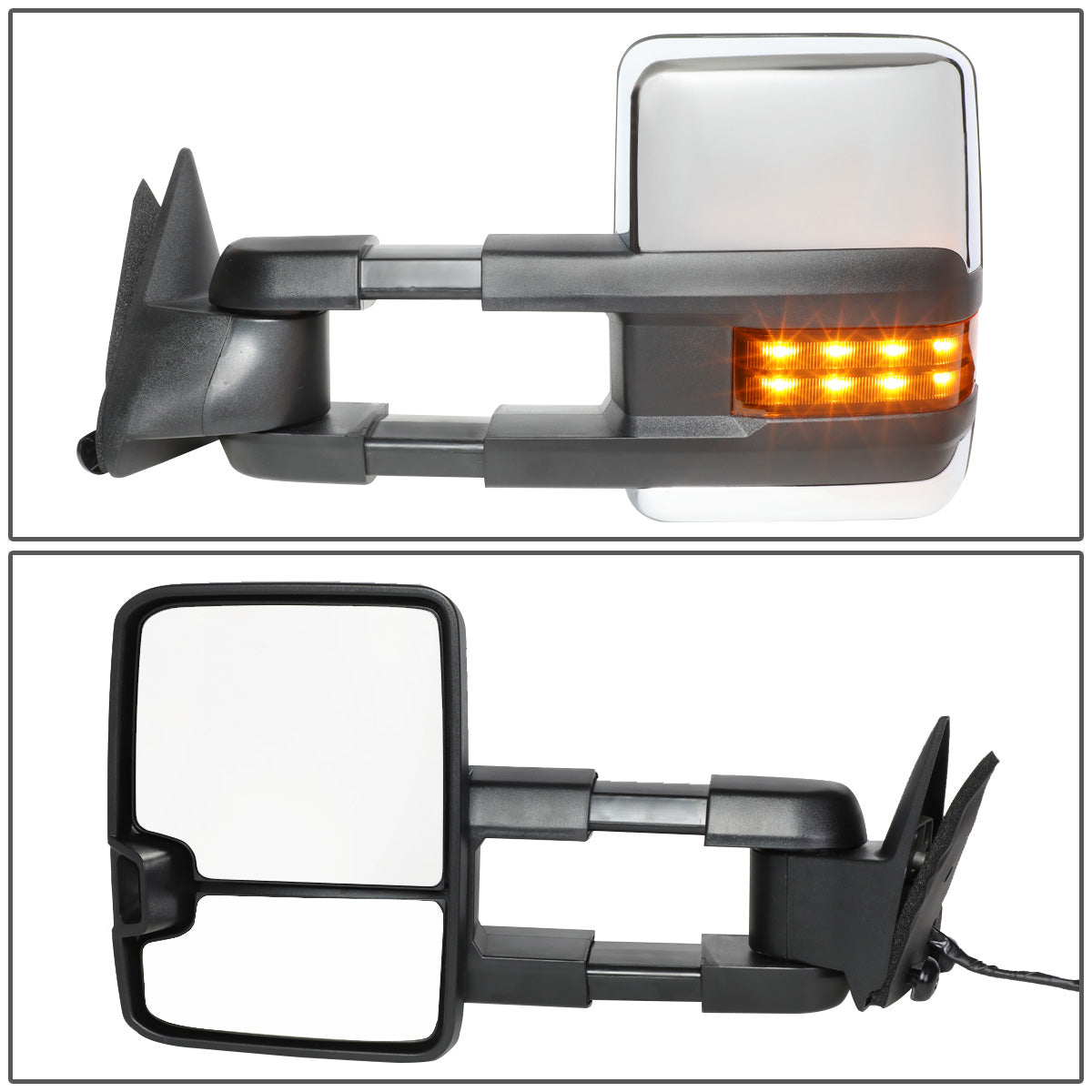 RETROVISORES EXTENDIBLES TOWING MIRROR - 88-98 CHEVY GMC C/K 1500 / 88-00 CHEVY GMC C/K 2500 / 88-02 CHEVY GMC C3500 / 88-00 CHEVY GMC K3500 / 95-99 CHEVY TAHOE / 92-99 GMC YUKON, SUBURBAN - PAIR - POWERED W/O HEATED - LED AMBER SIGNAL - CHROME