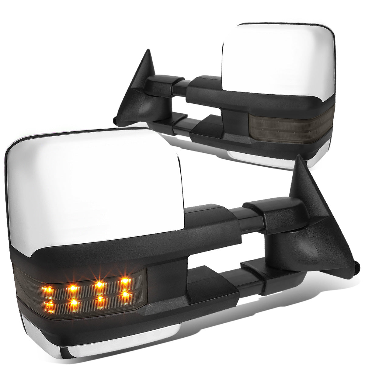 RETROVISORES EXTENDIBLES TOWING MIRROR - 88-98 CHEVY GMC C/K 1500 / 88-00 CHEVY GMC C/K 2500 / 88-02 CHEVY GMC C3500 / 88-00 CHEVY GMC K3500 / 95-99 CHEVY TAHOE / 92-99 GMC YUKON, SUBURBAN - PAIR - POWERED W/O HEATED - LED SMOKE SIGNAL - CHROME