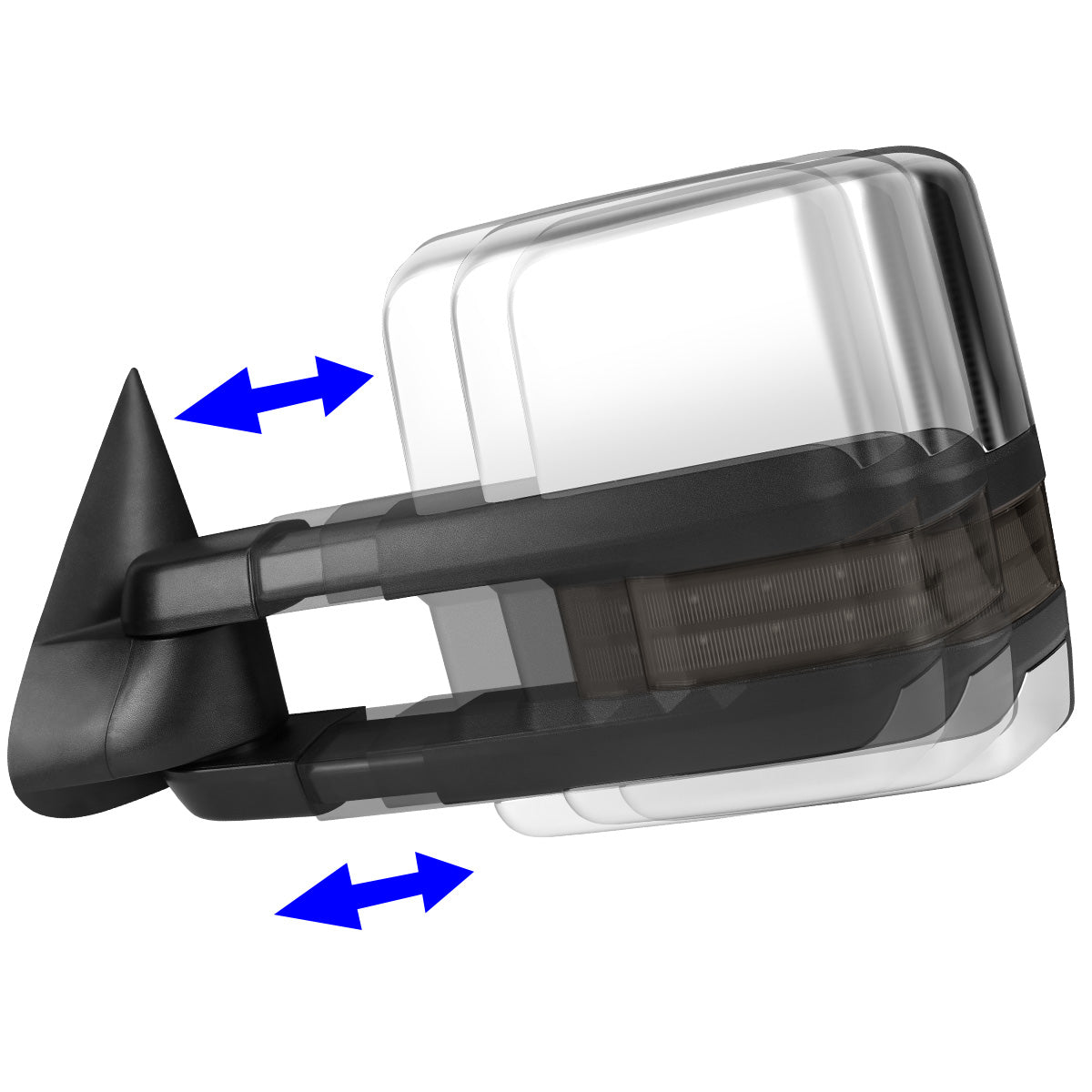 RETROVISORES EXTENDIBLES TOWING MIRROR - 88-98 CHEVY GMC C/K 1500 / 88-00 CHEVY GMC C/K 2500 / 88-02 CHEVY GMC C3500 / 88-00 CHEVY GMC K3500 / 95-99 CHEVY TAHOE / 92-99 GMC YUKON, SUBURBAN - LEFT - POWERED W/O HEATED - LED SMOKE SIGNAL - CHROME