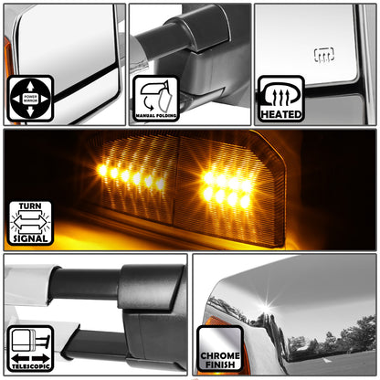RETROVISORES EXTENDIBLES TOWING MIRROR - 07-16 TOYOTA TUNDRA - PAIR - POWERED W/ HEATED - LED AMBER SIGNAL - CHROME