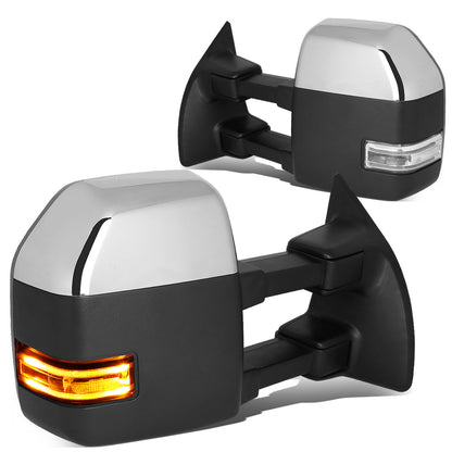 RETROVISORES EXTENDIBLES TOWING MIRROR - 99-07 FORD F-250, F-350, F-450, F-550 - PAIR - POWERED W/HEATED - LED AMBER SIGNAL - CHROME