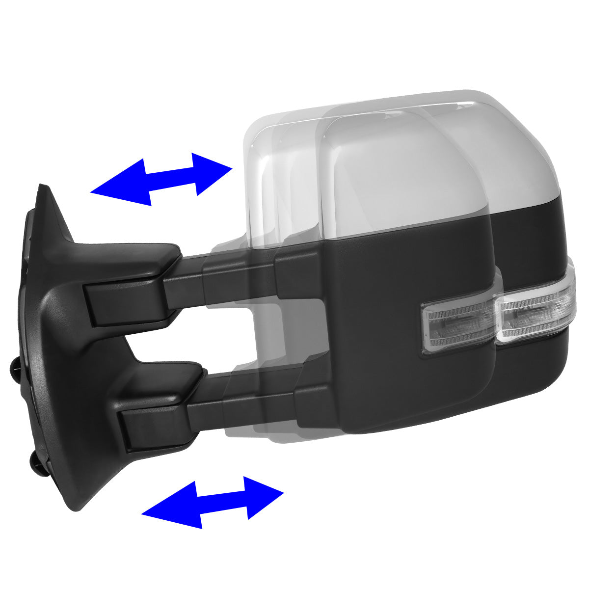 RETROVISORES EXTENDIBLES TOWING MIRROR - 99-07 FORD F-250, F-350, F-450, F-550 - PAIR - POWERED W/HEATED - LED AMBER SIGNAL - CHROME