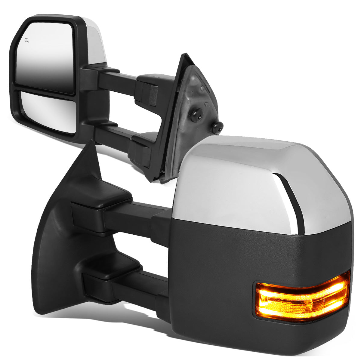 RETROVISORES EXTENDIBLES TOWING MIRROR - 08-16 FORD F-250, F-350, F-450, F-550 - PAIR - POWERED W/ HEATED - LED AMBER SIGNAL - CHROME