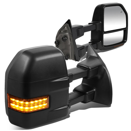 RETROVISORES EXTENDIBLES TOWING MIRROR - 99-07 FORD F-250, F-350, F-450, F-550 SUPER DUTY - PAIR - POWERED W/HEATED - AMBER SIGNAL - BLACK