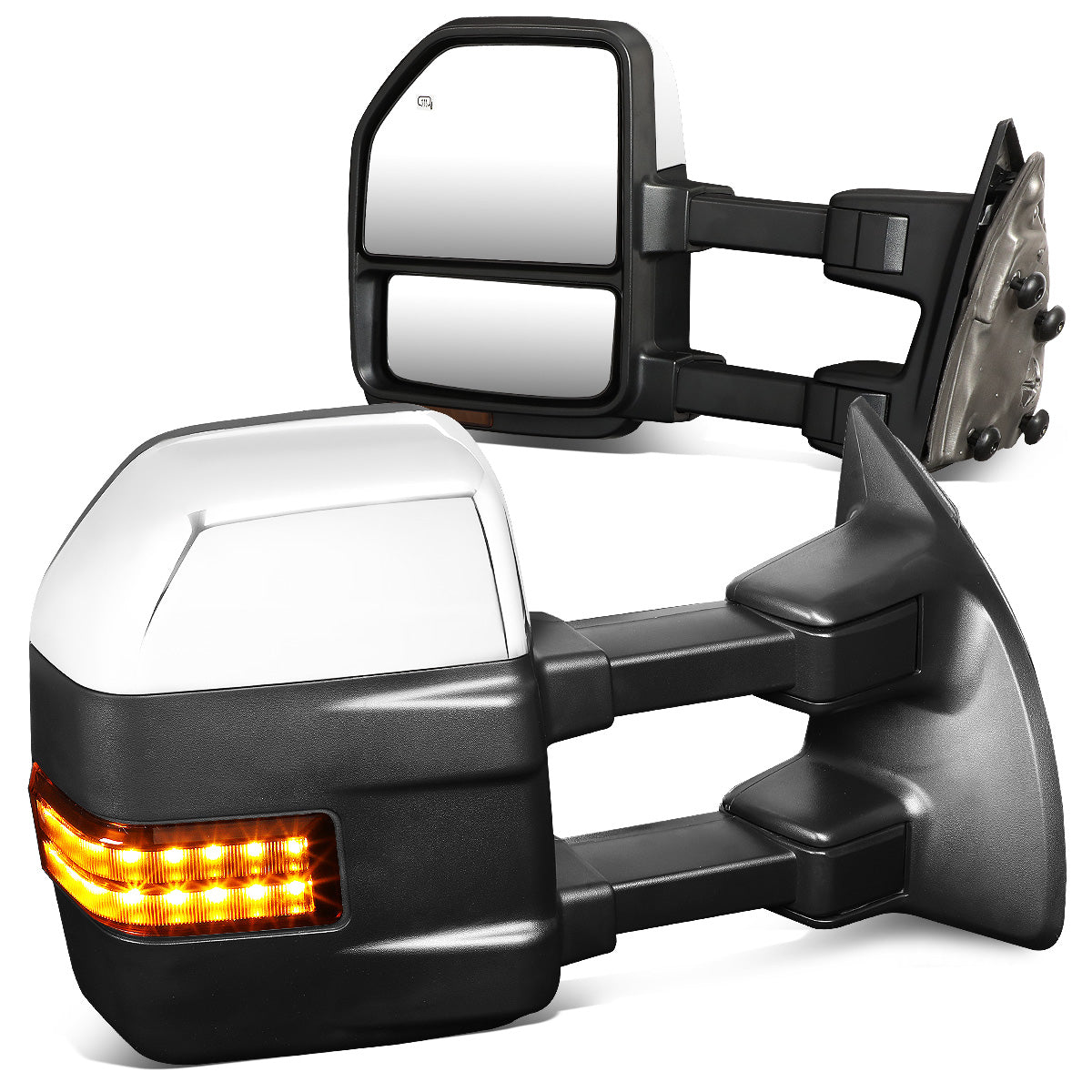 RETROVISORES EXTENDIBLES TOWING MIRROR - 99-07 FORD F-250, F-350, F-450, F-550 SUPER DUTY - PAIR - POWERED W/HEATED - AMBER SIGNAL - CHROME