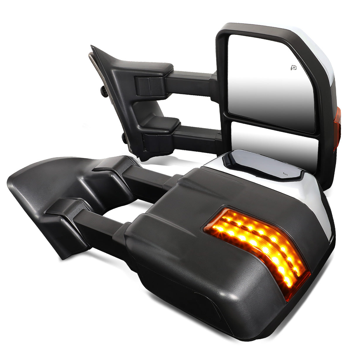 RETROVISORES EXTENDIBLES TOWING MIRROR - 99-07 FORD F-250, F-350, F-450, F-550 SUPER DUTY - PAIR - POWERED W/HEATED - AMBER SIGNAL - CHROME
