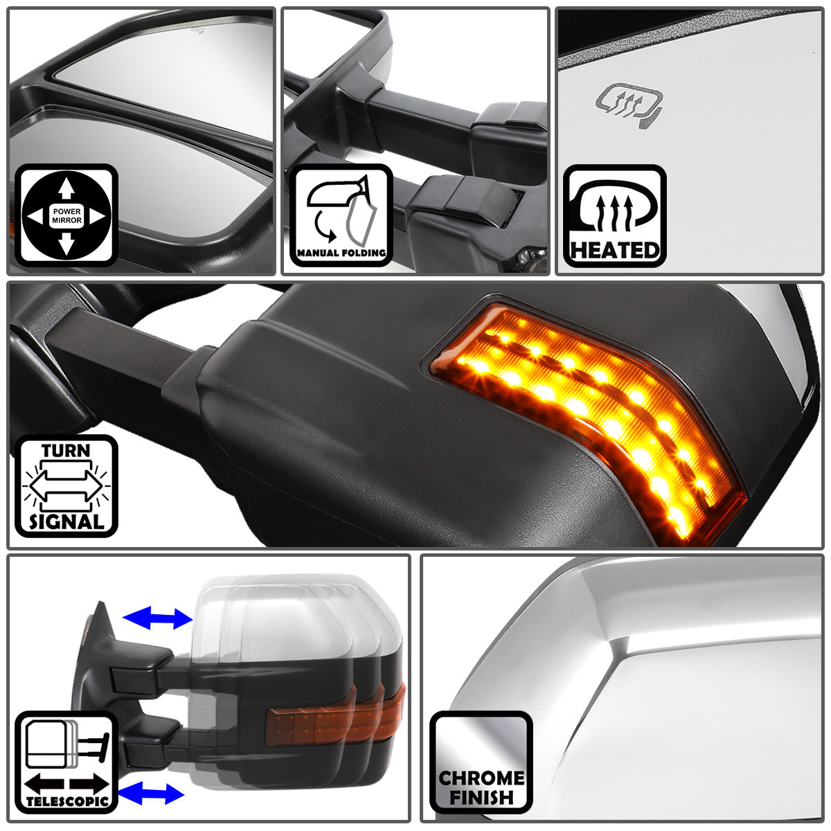 RETROVISORES EXTENDIBLES TOWING MIRROR - 99-07 FORD F-250, F-350, F-450, F-550 SUPER DUTY - PAIR - POWERED W/HEATED - AMBER SIGNAL - CHROME