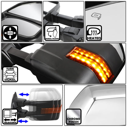 RETROVISORES EXTENDIBLES TOWING MIRROR - 99-07 FORD F-250, F-350, F-450, F-550 SUPER DUTY - PAIR - POWERED W/HEATED - AMBER SIGNAL - CHROME