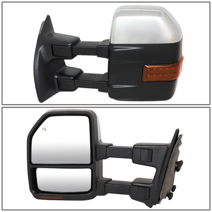 RETROVISORES EXTENDIBLES TOWING MIRROR - 99-07 FORD F-250, F-350, F-450, F-550 SUPER DUTY - PAIR - POWERED W/HEATED - AMBER SIGNAL - CHROME