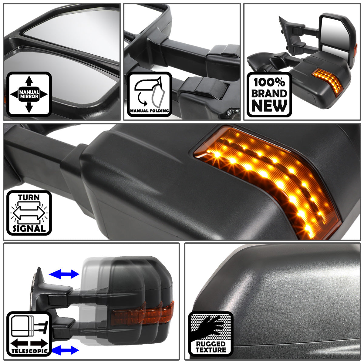 RETROVISORES EXTENDIBLES TOWING MIRROR - 08-16 FORD F-250, F-350, F-450, F-550 SUPER DUTY - PAIR - MANUAL - LED AMBER SIGNAL - BLACK