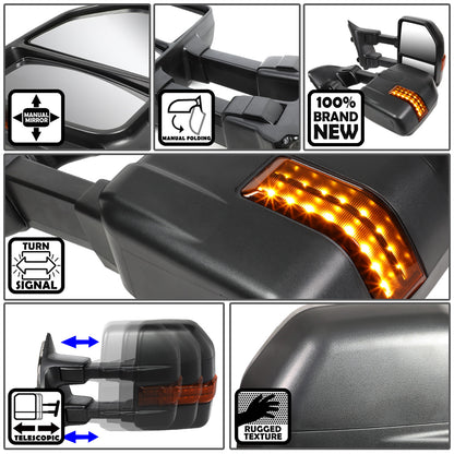 RETROVISORES EXTENDIBLES TOWING MIRROR - 08-16 FORD F-250, F-350, F-450, F-550 SUPER DUTY - PAIR - MANUAL - LED AMBER SIGNAL - BLACK