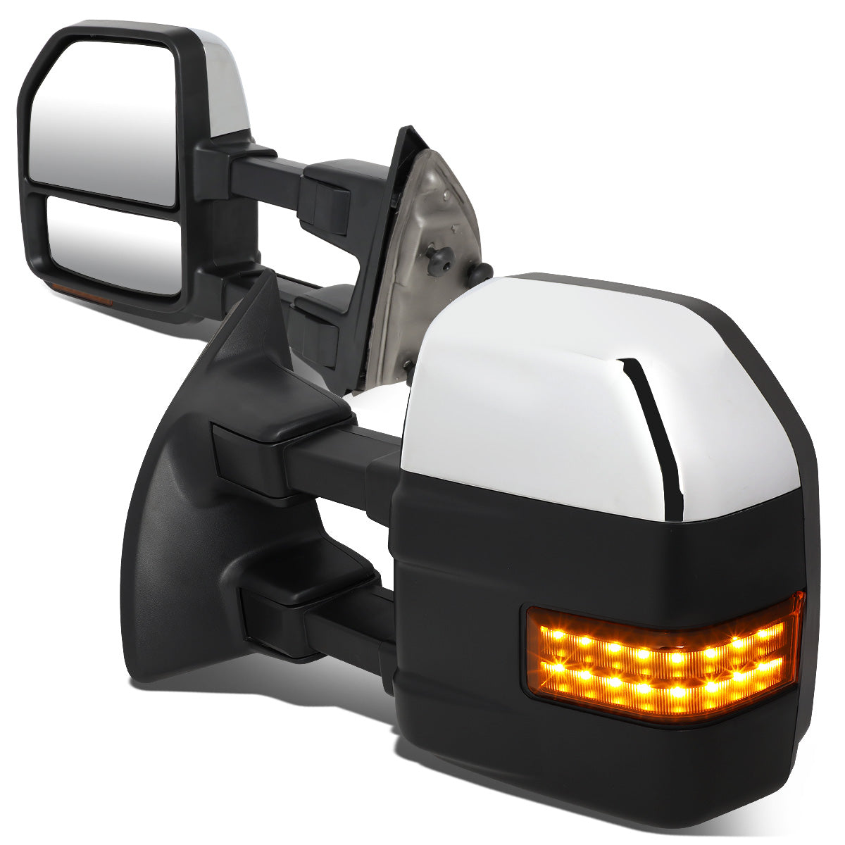 RETROVISORES EXTENDIBLES TOWING MIRROR - 08-16 FORD F-250, F-350, F-450, F-550 SUPER DUTY - PAIR - MANUAL - LED AMBER SIGNAL - CHROME