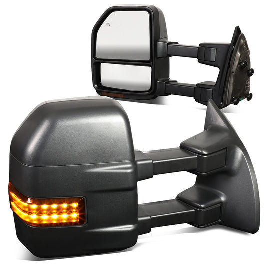 RETROVISORES EXTENDIBLES TOWING MIRROR - 08-16 FORD F-250, F-350, F-450, F-550 SUPER DUTY - PAIR - POWERED W/HEATED - LED AMBER SIGNAL - BLACK
