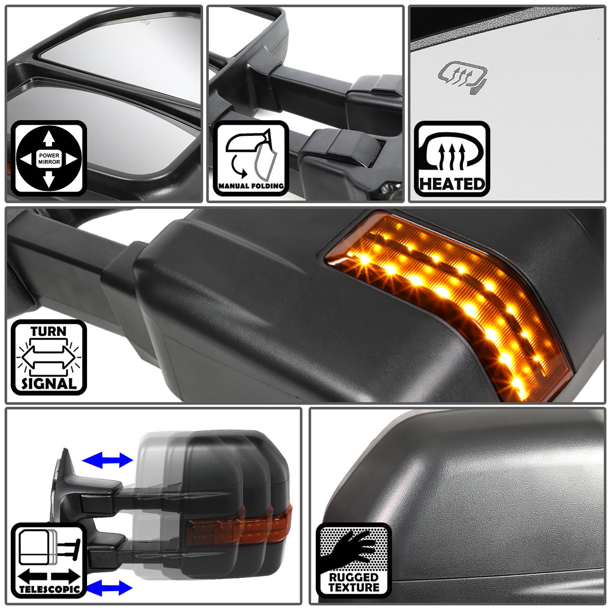 RETROVISORES EXTENDIBLES TOWING MIRROR - 08-16 FORD F-250, F-350, F-450, F-550 SUPER DUTY - PAIR - POWERED W/HEATED - LED AMBER SIGNAL - BLACK