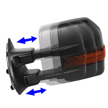 RETROVISORES EXTENDIBLES TOWING MIRROR - 08-16 FORD F-250, F-350, F-450, F-550 SUPER DUTY - PAIR - POWERED W/HEATED - LED AMBER SIGNAL - BLACK