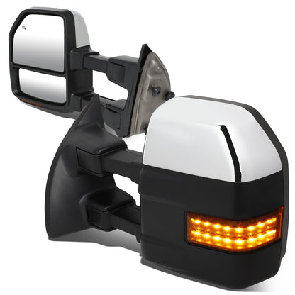 RETROVISORES EXTENDIBLES TOWING MIRROR - 08-16 FORD F-250, F-350, F-450, F-550 SUPER DUTY - PAIR - POWERED W/HEATED - LED AMBER SIGNAL - CHROME