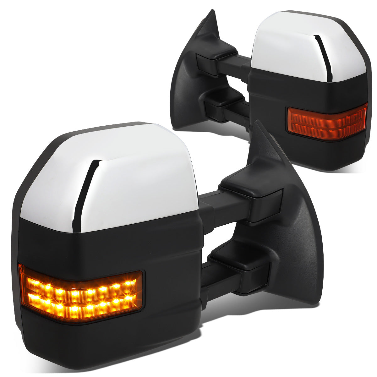 RETROVISORES EXTENDIBLES TOWING MIRROR - 08-16 FORD F-250, F-350, F-450, F-550 SUPER DUTY - PAIR - POWERED W/HEATED - LED AMBER SIGNAL - CHROME