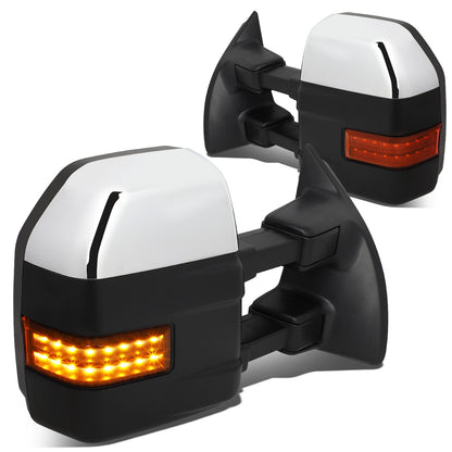 RETROVISORES EXTENDIBLES TOWING MIRROR - 08-16 FORD F-250, F-350, F-450, F-550 SUPER DUTY - PAIR - POWERED W/HEATED - LED AMBER SIGNAL - CHROME