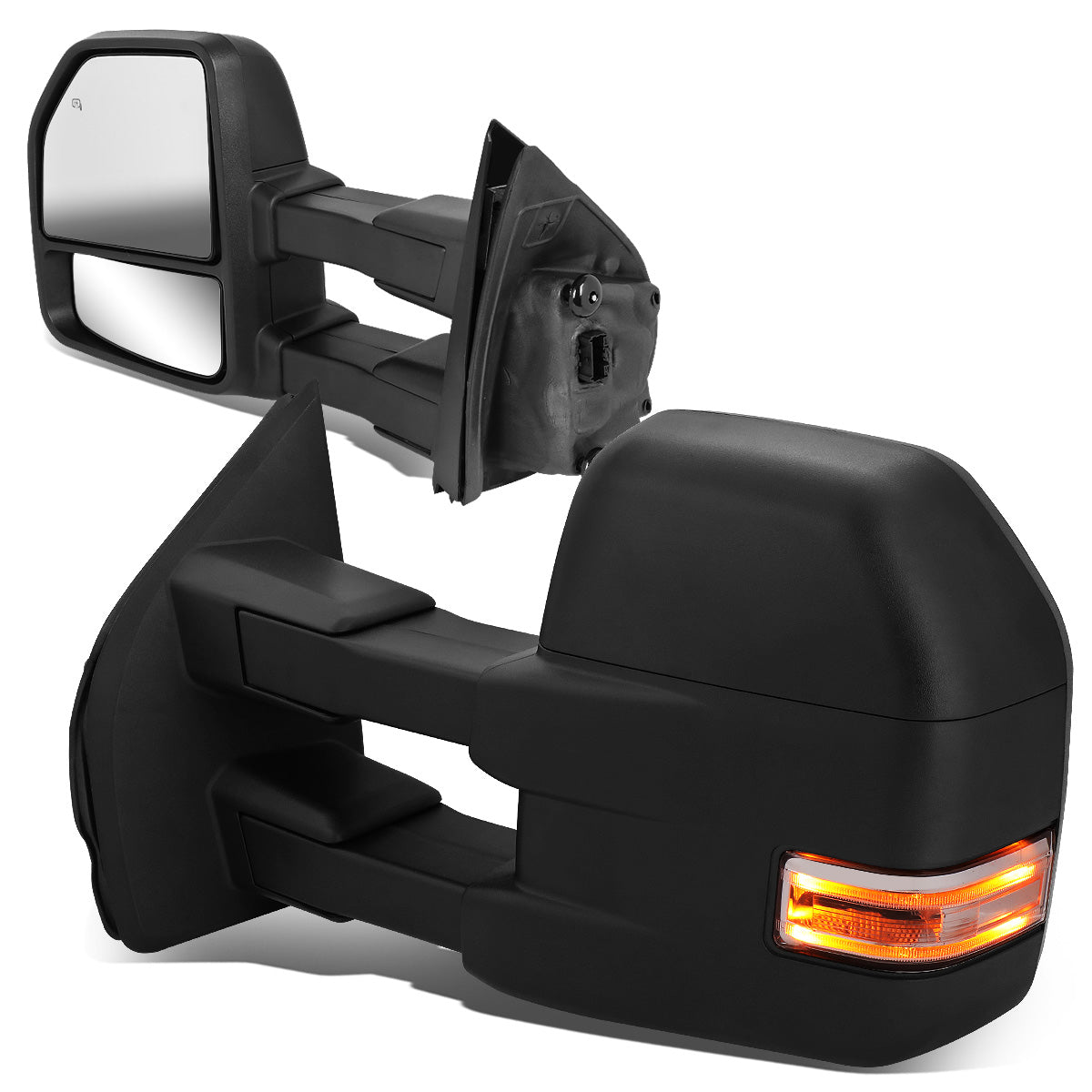 RETROVISORES EXTENDIBLES TOWING MIRROR - 15-18 FORD F-150 - PAIR - POWERED W/HEATED W/ PUDDLE LIGHTS - ONLY FITS MODELS WITH 22PIN PLUG / DOES NOT FIT 8 PIN PLUG MODELS - LED CLEAR SIGNAL - BLACK