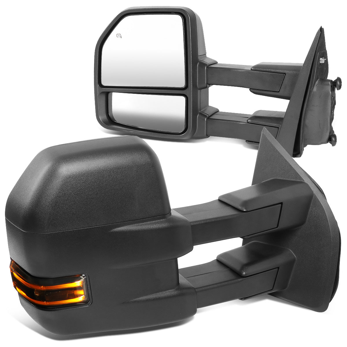 RETROVISORES EXTENDIBLES TOWING MIRROR - 15-18 FORD F-150 - PAIR - POWERED W/HEATED W/ PUDDLE LIGHTS - ONLY FITS MODELS WITH 22PIN PLUG / DOES NOT FIT 8 PIN PLUG MODELS - LED SMOKE SIGNAL - BLACK
