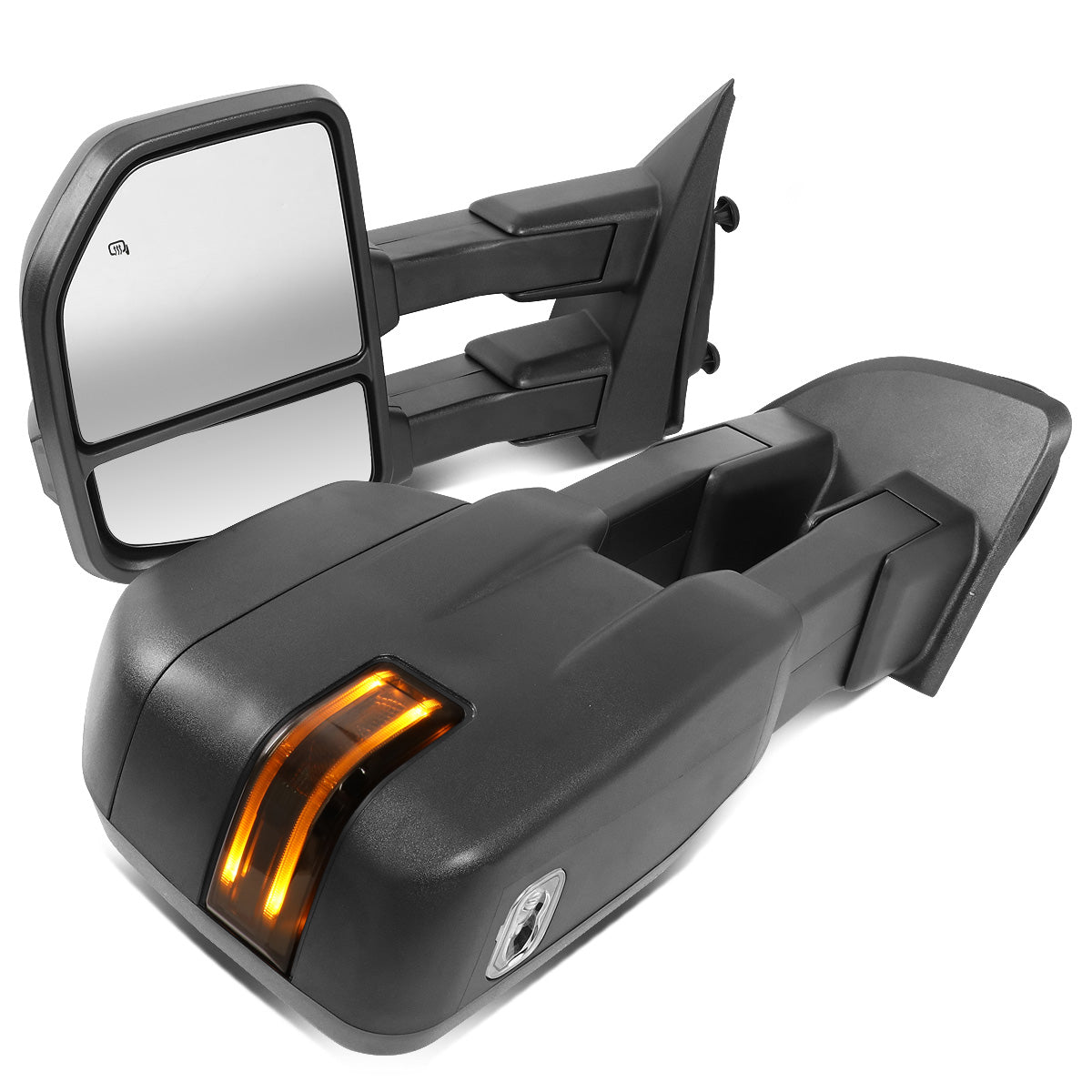 RETROVISORES EXTENDIBLES TOWING MIRROR - 15-18 FORD F-150 - PAIR - POWERED W/HEATED W/ PUDDLE LIGHTS - ONLY FITS MODELS WITH 22PIN PLUG / DOES NOT FIT 8 PIN PLUG MODELS - LED SMOKE SIGNAL - BLACK