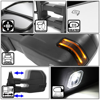 RETROVISORES EXTENDIBLES TOWING MIRROR - 15-18 FORD F-150 - PAIR - POWERED W/HEATED W/ PUDDLE LIGHTS - ONLY FITS MODELS WITH 22PIN PLUG / DOES NOT FIT 8 PIN PLUG MODELS - LED SMOKE SIGNAL - BLACK