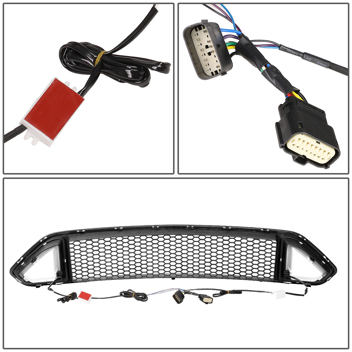 nan FRONT UPPER GRILLE - 18-20 FORD MUSTANG BASE, ECOBOOST, GT - HONEYCOMB MESH - TRIANGLE LED DRL BAR - BLACK