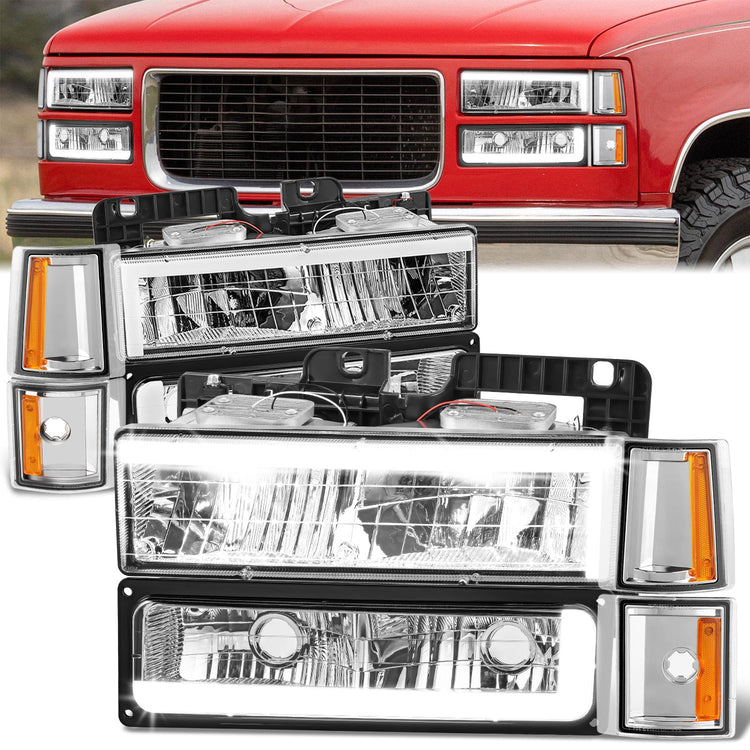 FAROS CLEAR LENS,AMBER REFLECTOR,CHROME HOUSING - 8PCS - LED BAR - 94-99 GMC C1500 K1500 YUKON / 94-99 GMC C1500 SUBURBAN C2500 SUBURBAN K1500 SUBURBAN K2500 SUBURBAN / 94-00 GMC C2500 C3500 K2500 K3500 - FITS MODELS WITH COMPOSITE HEADLIGHTS ONLY