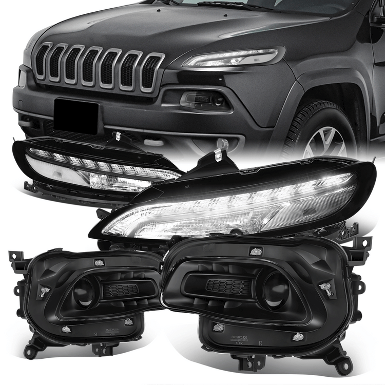 FAROS 14-18 JEEP CHEROKEE - FITS MODELS WITH FACTORY HALOGEN HEADLIGHTS ONLY. DOES NOT FIT HID MODELS - OE STYLE - LED DRL - PROJECTOR - 9005 LOW BEAM / HIGH BEAM,7440 SIGNAL, 194 MARKER - BLACK HOUSING / CLEAR CORNER