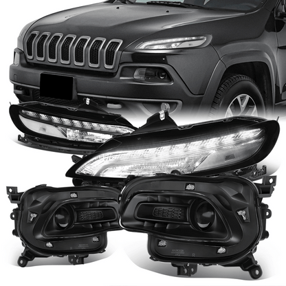 FAROS 14-18 JEEP CHEROKEE - FITS MODELS WITH FACTORY HALOGEN HEADLIGHTS ONLY. DOES NOT FIT HID MODELS - OE STYLE - LED DRL - PROJECTOR - 9005 LOW BEAM / HIGH BEAM,7440 SIGNAL, 194 MARKER - BLACK HOUSING / CLEAR CORNER