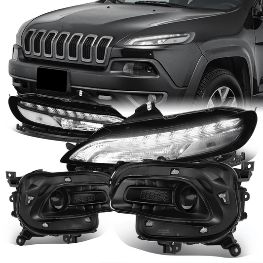 FAROS 14-18 JEEP CHEROKEE - FITS MODELS WITH FACTORY HALOGEN HEADLIGHTS ONLY. DOES NOT FIT HID MODELS - OE STYLE - LED DRL - PROJECTOR - 9005 LOW BEAM / HIGH BEAM,7440 SIGNAL, 194 MARKER - BLACK HOUSING / CLEAR CORNER