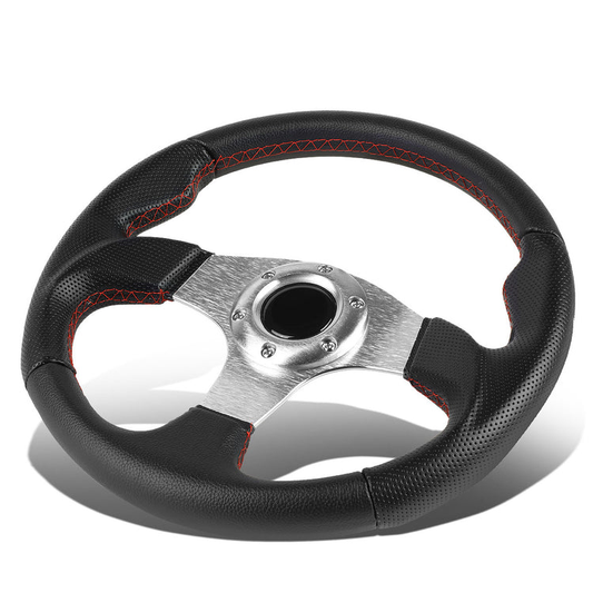 VOLANTE STEERING WHEEL - 320MM - PVC BLACK LEATHER - THUMB GRIPS - 6-BOLT - ALUMINUM - SILVER CENTER W/ RED STITCH