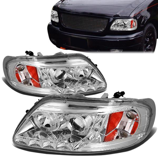 FAROS 97-99 FORD F-250 LIGHT DUTY / 97-02 FORD EXPEDITION / 97-03 FORD F-150 / 2004 FORD F-150 HERITAGE 2/4-DOOR - 1PC - LED DRL - HALO PROJECTOR - CHROME HOUSING / AMBER CORNER - H1 LOW BEAM / HIGH BEAM