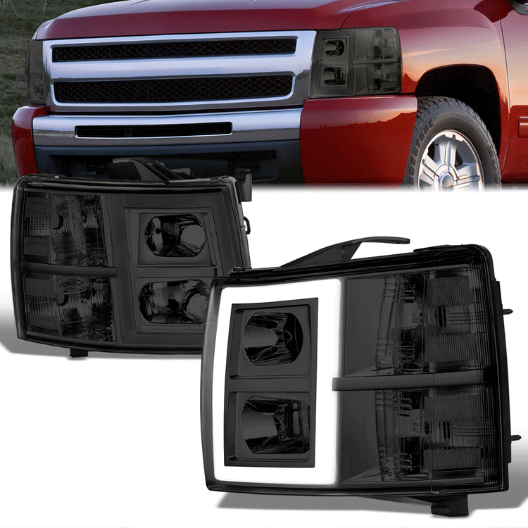 FAROS 07-13 CHEVY SILVERADO 1500 / 07-14 SILVERADO 2500 HD, 3500 - DOES NOT FIT 2007 OLD BODY CLASSIC MODELS - FITS MODELS WITH HALOGEN HEADLIGHTS ONLY - RECTANGLE LED DRL - SMOKE HOUSING / CLEAR CORNER