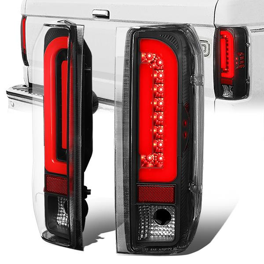FAROS TRASEROS 90-96 FORD F-150 / 90-97 FORD F-250 / 90-97 FORD F-350 / 90-96 FORD BRONCO / 90-97 FORD F SUPER DUTY - FITS STYLESIDE MODELS ONLY - RED LED - BLACK / CLEAR