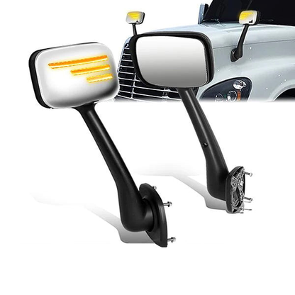 RETROVISOR HOOD MIRROR - 08-17 FREIGHTLINER CASCADIA - MARKER/ TURN SIGNAL LIGHTS NEED TO BE WIRED INTO EXISTING LIGHTING HARNESS - MANUAL - AMBER CHASING LED SIGNAL BAR PATTERN - CHROME