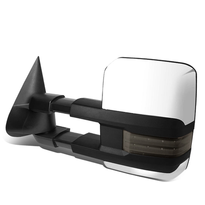 RETROVISORES EXTENDIBLES TOWING MIRROR - 99-06 CHEVY SILVERADO, GMC SIERRA / 00-06 CHEVY SUBURBAN, CHEVY TAHOE, GMC YUKON / 02-06 CHEVY AVALANCHE, CADILLAC ESCALADE - LEFT - POWERED W/ HEATED - LED SMOKE SIGNAL - CHROME