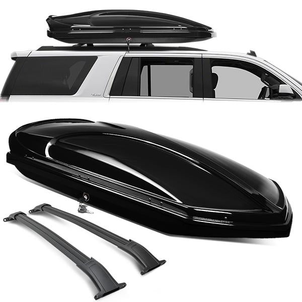 PORTAEQUIPAJE ROOF RACK CROSS BARS + CARGO ROOF BOX - 15-19 CADILLAC ESCALADE, CADILLAC ESCALADE ESV, CHEVY SUBURBAN, CHEVY TAHOE, GMC YUKON, GMC YUKON XL - BOLTS ONTO OEM ROOF RAILS ONLY - BLACK