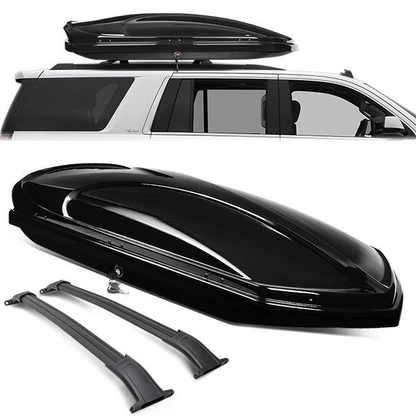 PORTAEQUIPAJE ROOF RACK CROSS BARS + CARGO ROOF BOX - 15-19 CADILLAC ESCALADE, CADILLAC ESCALADE ESV, CHEVY SUBURBAN, CHEVY TAHOE, GMC YUKON, GMC YUKON XL - BOLTS ONTO OEM ROOF RAILS ONLY - BLACK