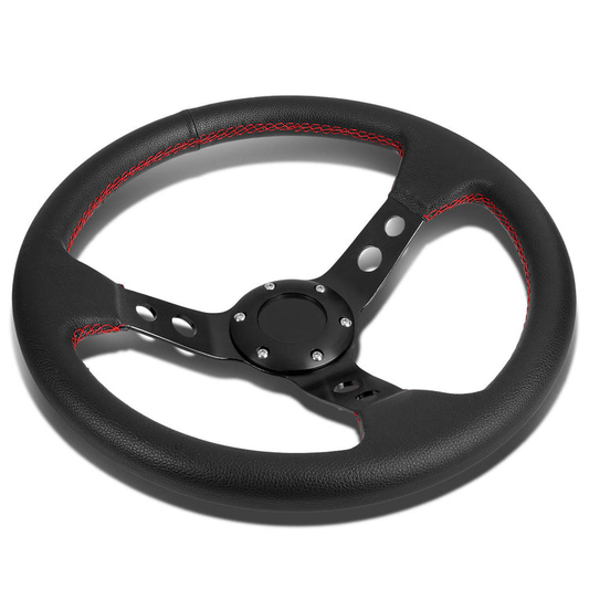 VOLANTE STEERING WHEEL - 3" DEEP DISH - 350MM - PVC LEATHER - 6 BOLT - BLACK W/ RED STITCHING - BLACK SPOKE