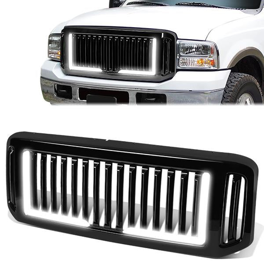 PARRILLA GRILLE - 05-07 FORD F-250, F-350, F-450, F-550 / 2005 FORD EXCURSION - VERTICAL FENCE STYLE - W/ LED DRL LIGHT - LED'S REQUIRE WIRING INTO EXISTING LIGHTING - BLACK